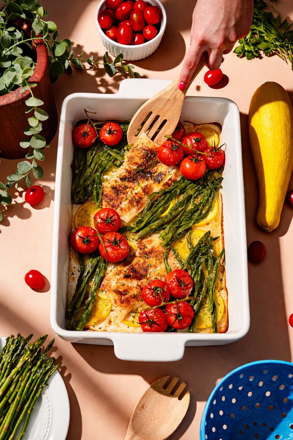 One-pan baked cod with summer vegetables