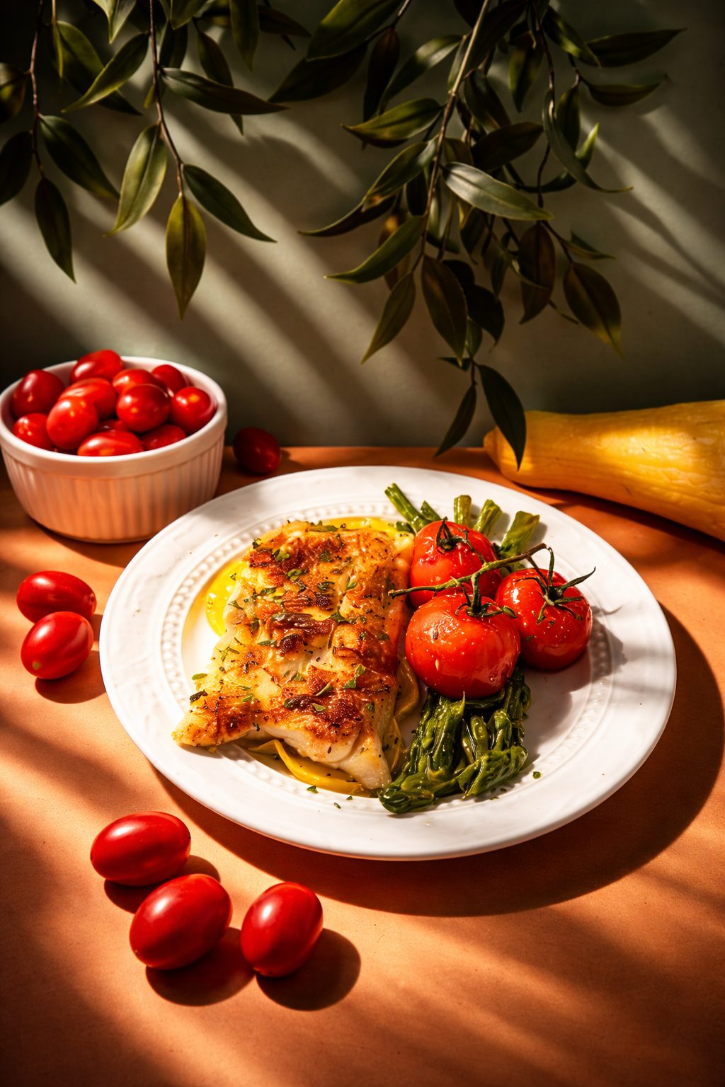 Cod and summer vegetables arranged on the sheet pan