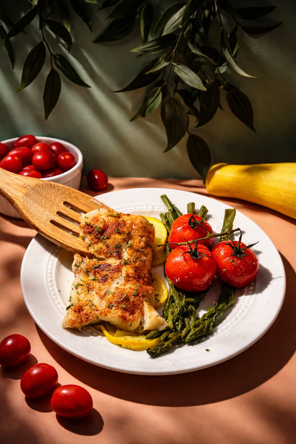 Baked cod dinner ready to serve