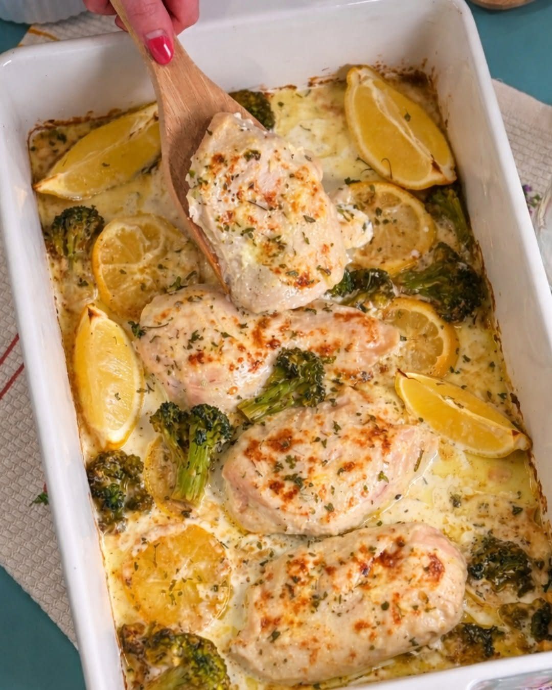 Lemon cream chicken bake with broccoli, ready to serve