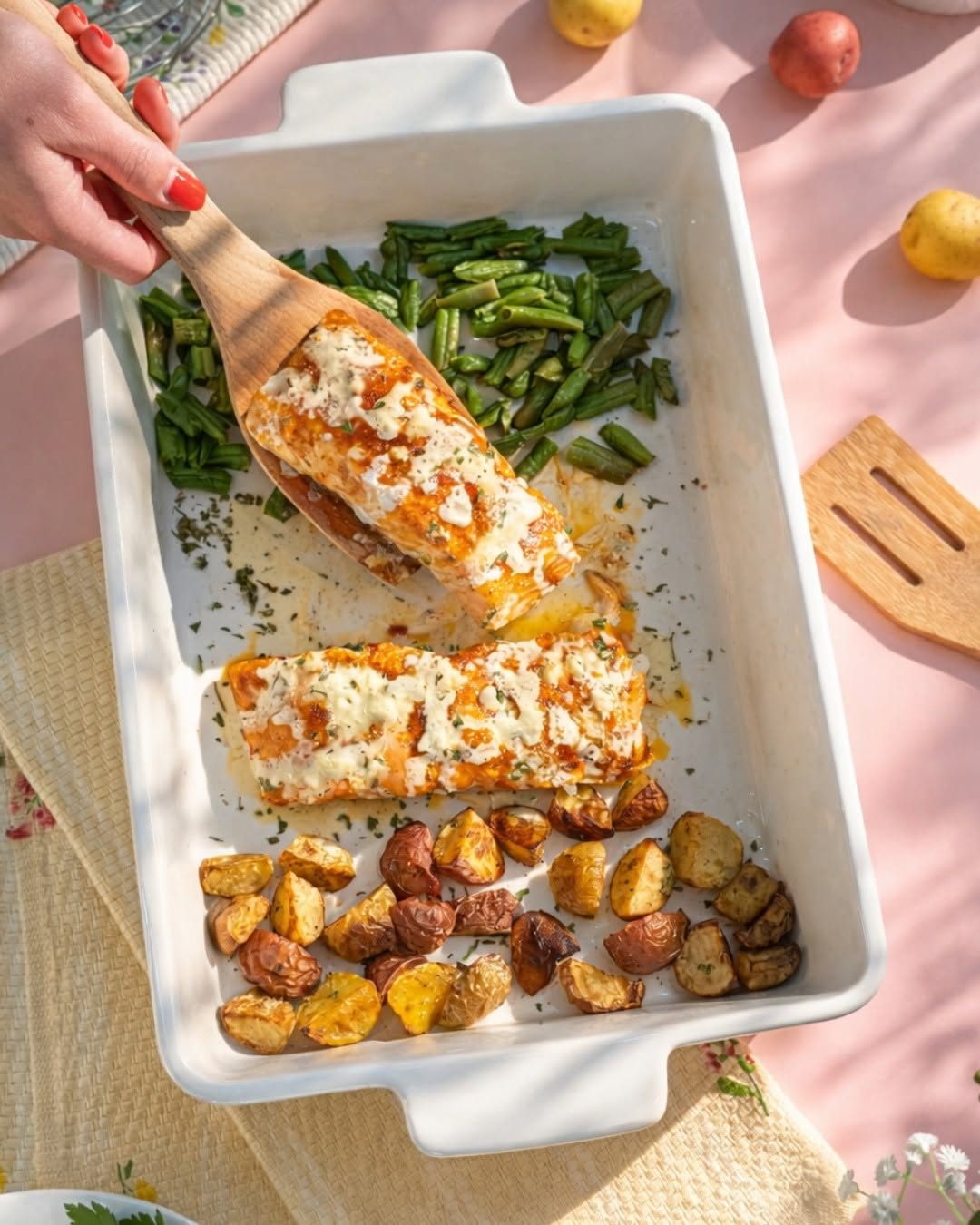 Zesty salmon bake with roasted potatoes and green beans