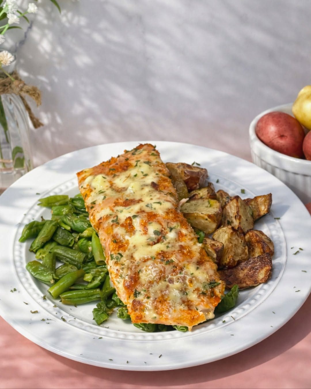 Salmon bake plated with garlic lemon sauce